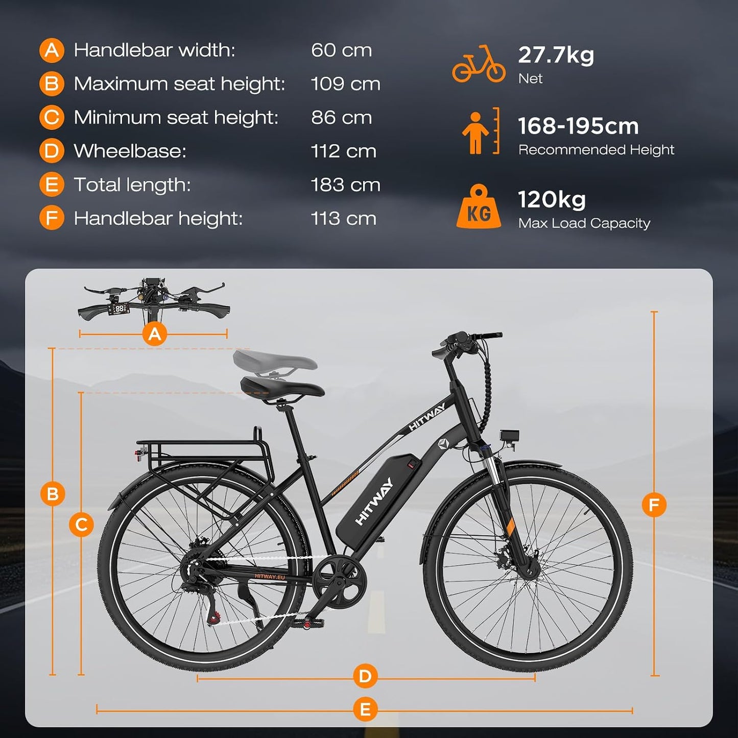 HITWAY 27,5"/28" E-Bike mit Hinterradmotor/Mittelmotor, 250W, 36V 13Ah Akku, bis zu 180 km Reichweite, 7-Gang, Pedelec Citybike Trekkingrad für Damen und Herren