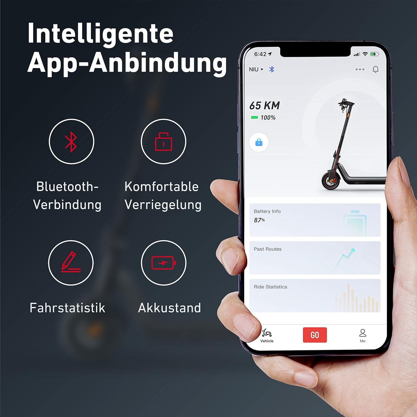NIU E-Scooter mit Straßenzulassung oder ohne (je nach Model bis zu 65km Reichweite, 25 Prozent Steigung u. 120kg Belastung; extra breite Luftreifen; große Trittfläche; IP54; klappbar; Display; App)