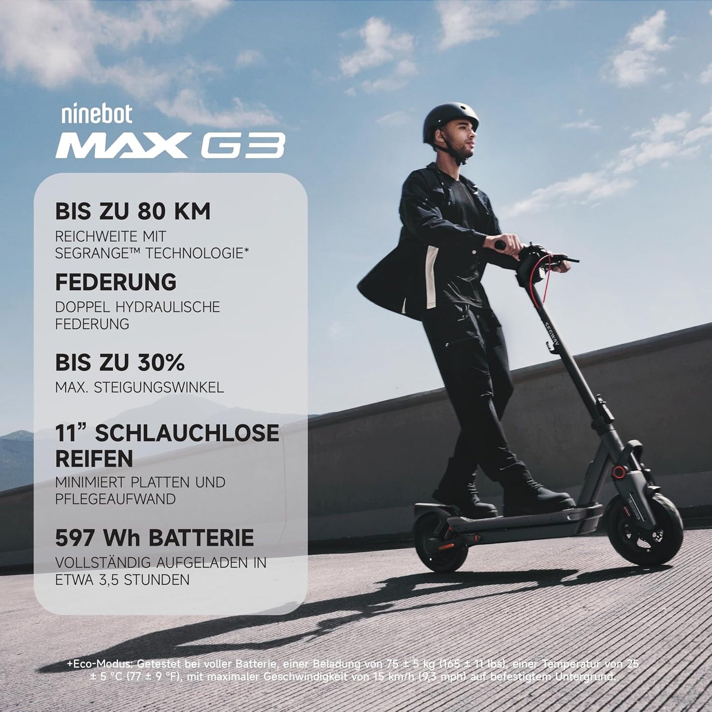 Segway-Ninebot MAX G3 D, E-Scooter mit Deutscher Straßenzulassung, 80 km Eco Modus Reichweite, 75km im Sport Modus, doppelte hydraulische Federung, 130 kg Tragkraft, Smart Display, 3,5 h Ladezeit