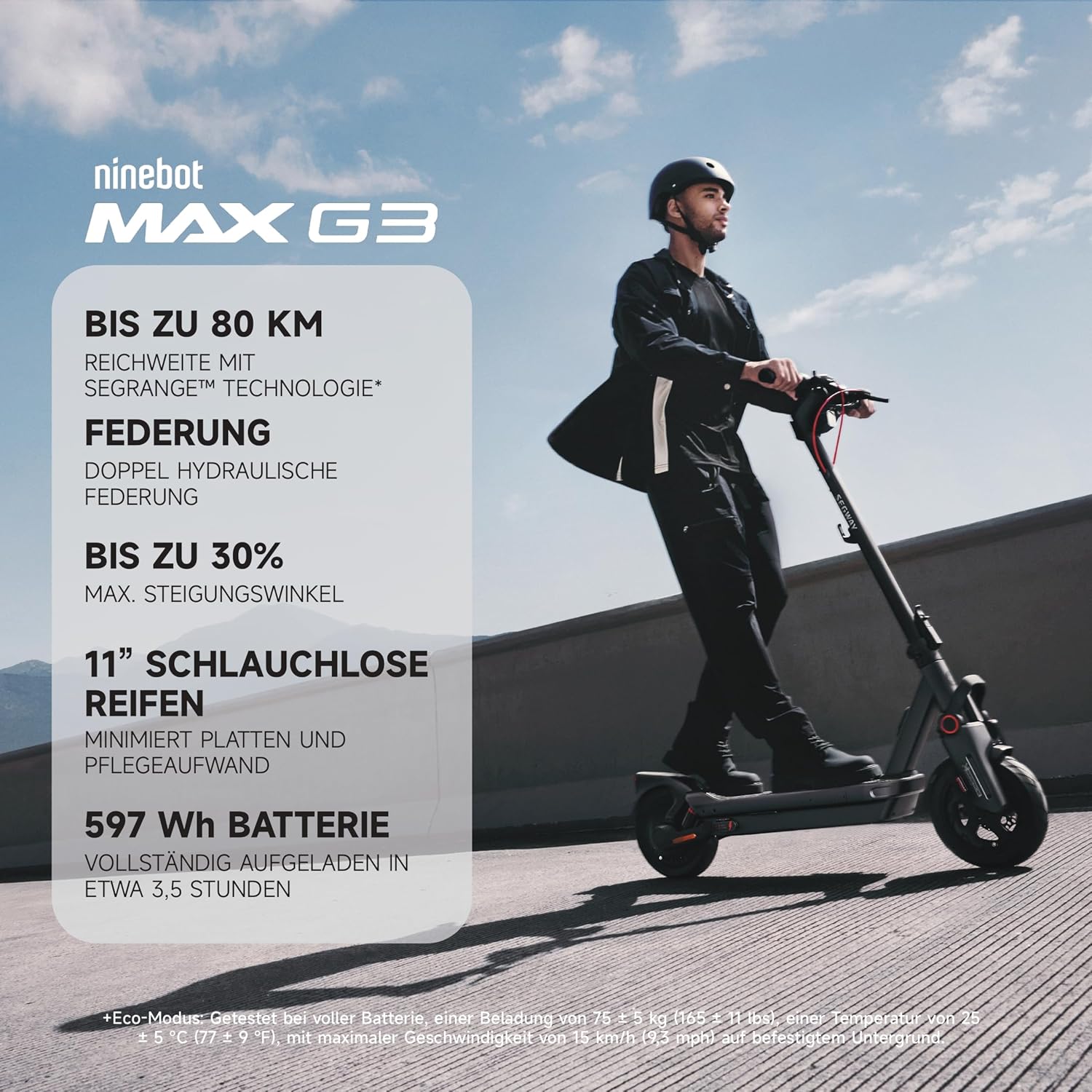 Segway-Ninebot MAX G3 D, E-Scooter mit Deutscher Straßenzulassung, 80 km Eco Modus Reichweite, 75km im Sport Modus, doppelte hydraulische Federung, 130 kg Tragkraft, Smart Display, 3,5 h Ladezeit